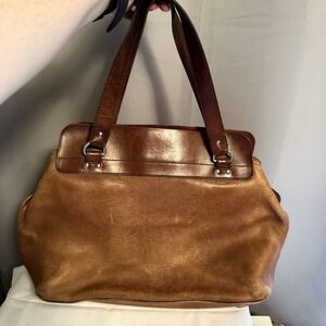 Orla Kiely Vintage Leather Shoulder Top Handle Bag Purse Brown Floral Detail